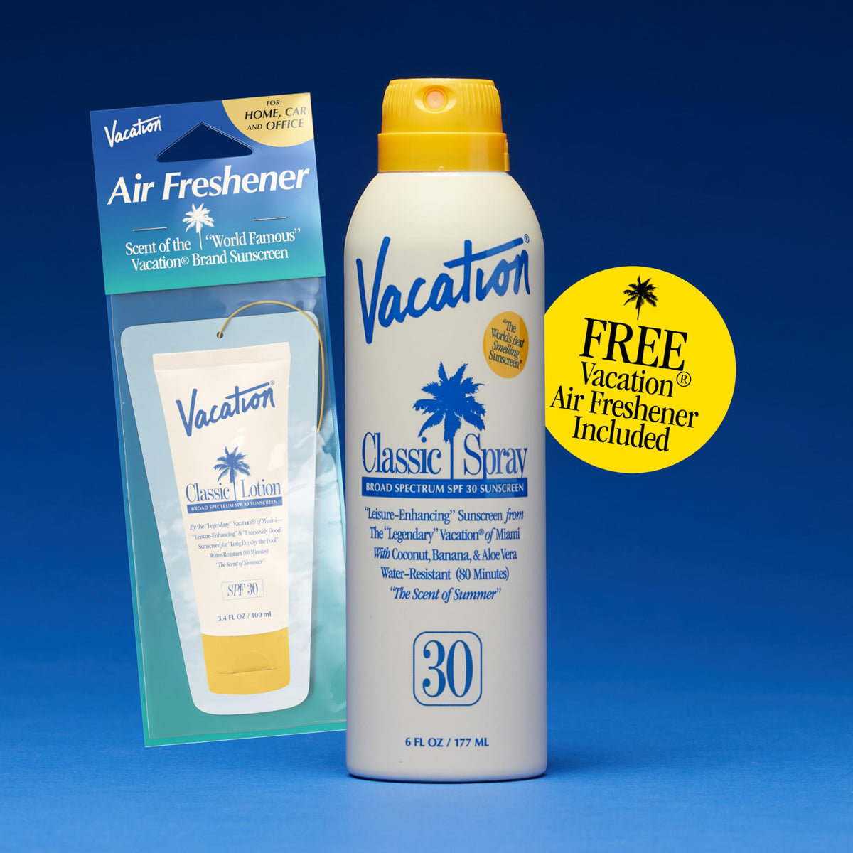 VACATION bottle held in hand illustrating 6 fluid ounce travel size