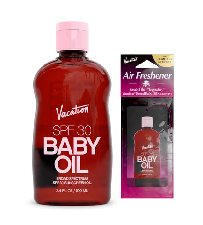 VACATION front packaging showing SPF 30 sunscreen oil and air freshener benefits