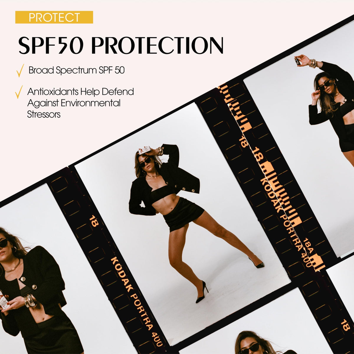 VACATION model wearing bronzing drops for natural sunkissed glow benefit