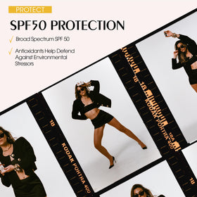 VACATION model wearing bronzing drops for natural sunkissed glow benefit