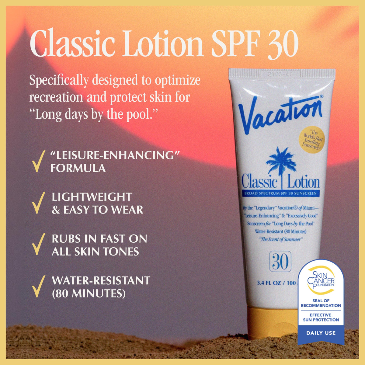VACATION lotion texture close-up demonstrating smooth, fast-absorbing formula benefit