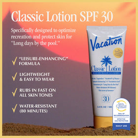 VACATION lotion texture close-up demonstrating smooth, fast-absorbing formula benefit
