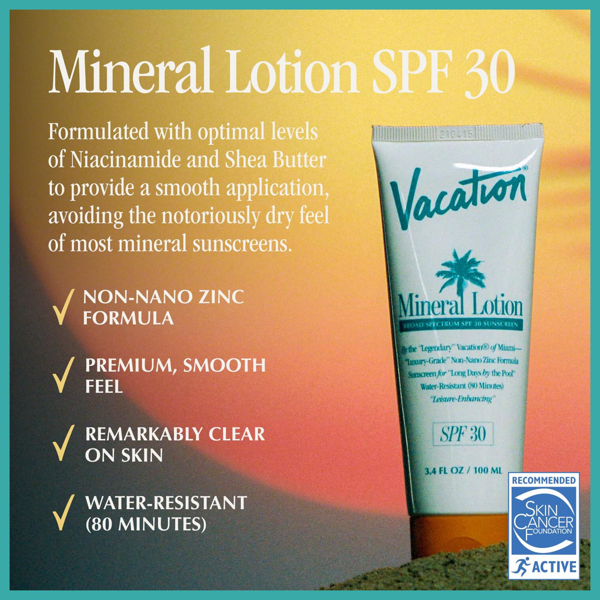 VACATION sunscreen tube close-up showing cap and easy-squeeze design for on-the-go use