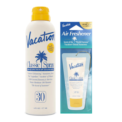 VACATION sunscreen front packaging showing SPF and non-aerosol benefit