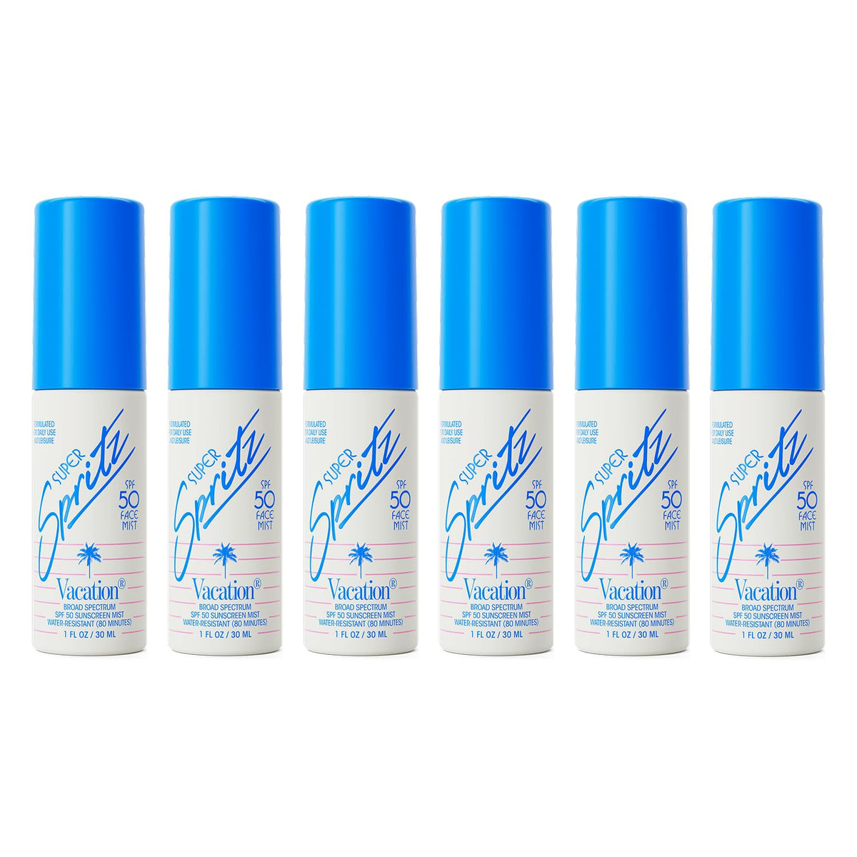 VACATION front packaging showing six mini 1oz sunscreen spray bottles for easy transport