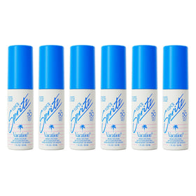 VACATION front packaging showing six mini 1oz sunscreen spray bottles for easy transport