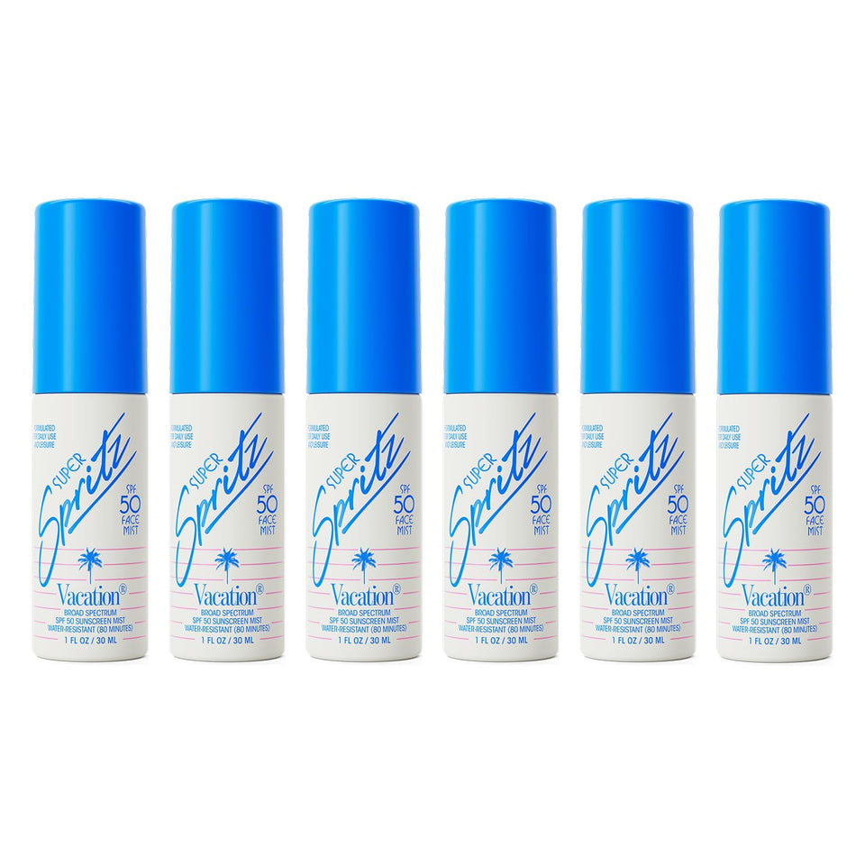 VACATION front packaging showing six mini 1oz sunscreen spray bottles for easy transport
