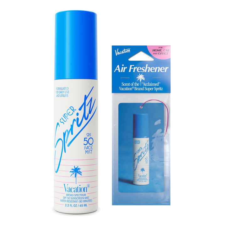 VACATION front packaging showing SPF 50 and travel-friendly size benefit