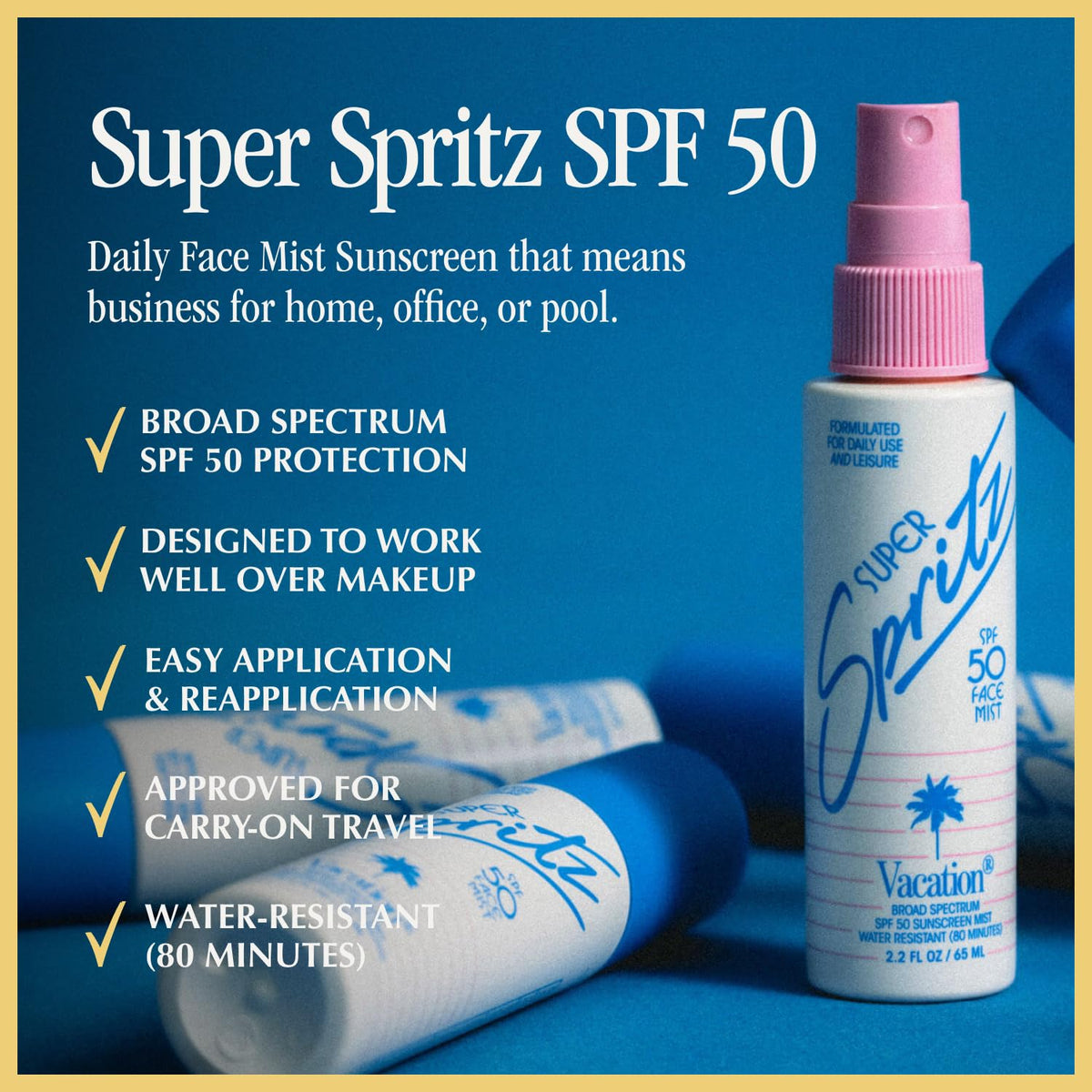 VACATION fine mist nozzle close-up delivering even, invisible coverage