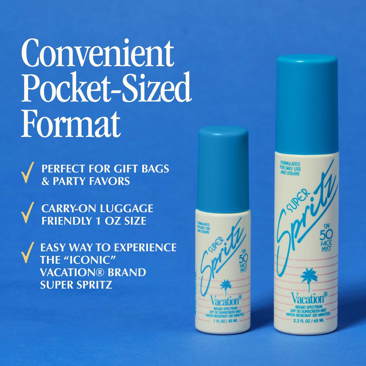 VACATION spritz applied over makeup illustrating non-disturbing finish and refresh benefit