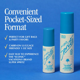 VACATION spritz applied over makeup illustrating non-disturbing finish and refresh benefit