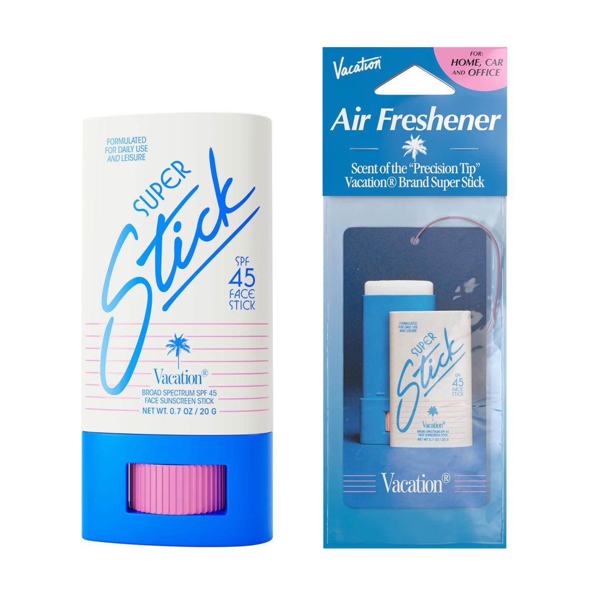 VACATION front packaging of SPF 45 stick showing compact travel benefit