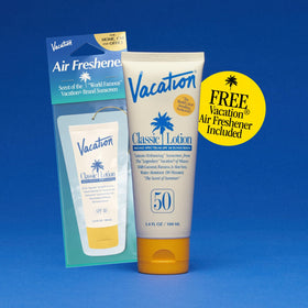 VACATION tube next to passport showing travel-ready 3.4 fl oz size