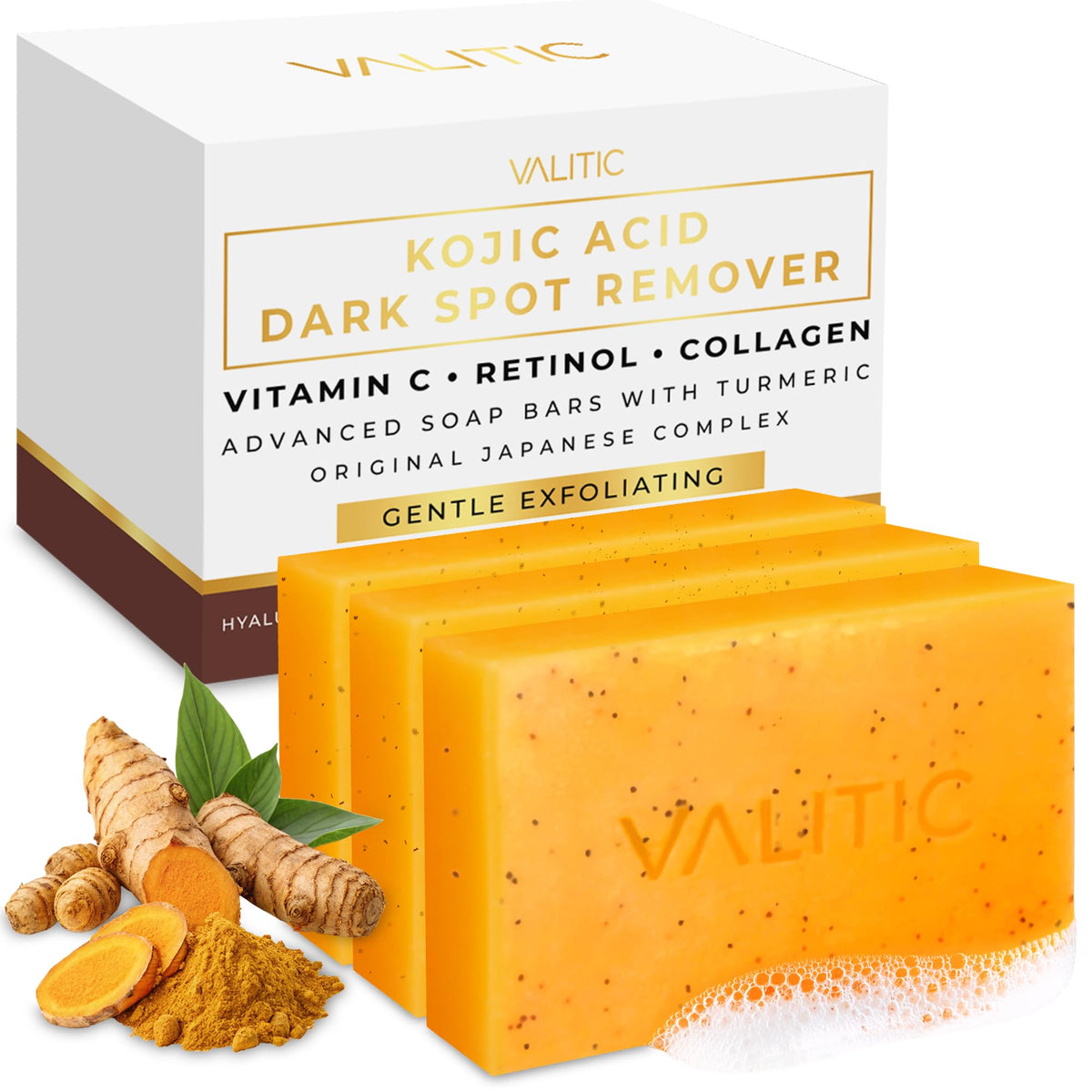 VALITIC front packaging showing three soap bars and brightening benefit