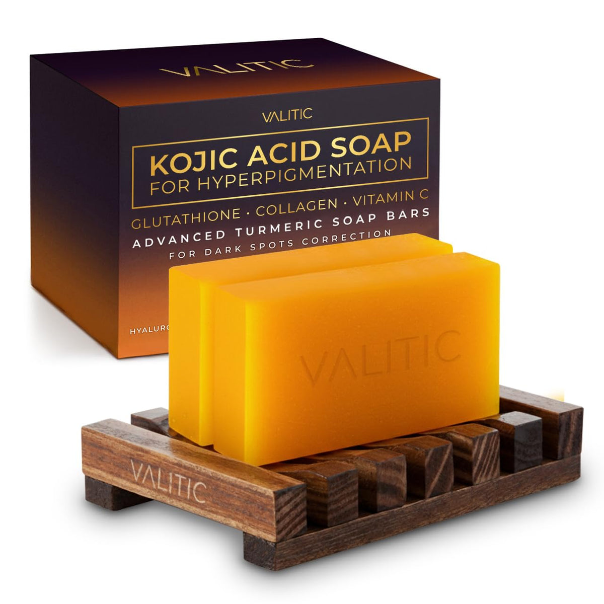 VALITIC front packaging showing two soap bars and holder for clear contents