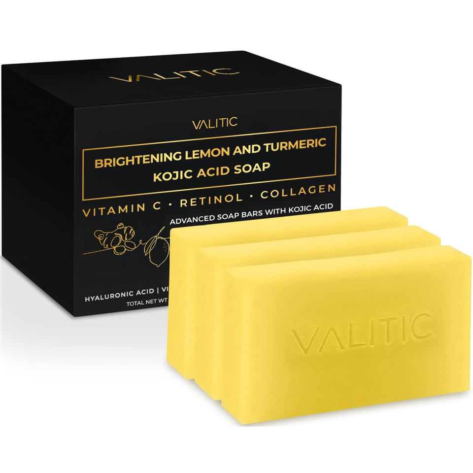 VALITIC front packaging showing three brightening soap bars and benefits