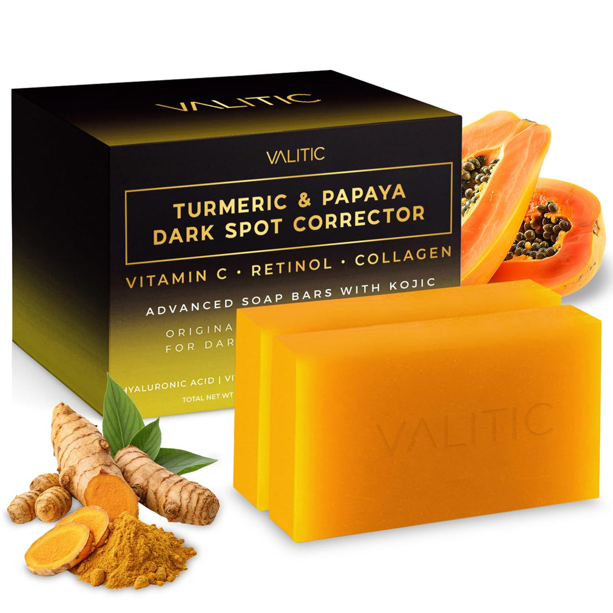 VALITIC front packaging showing two soap bars and brightening benefits