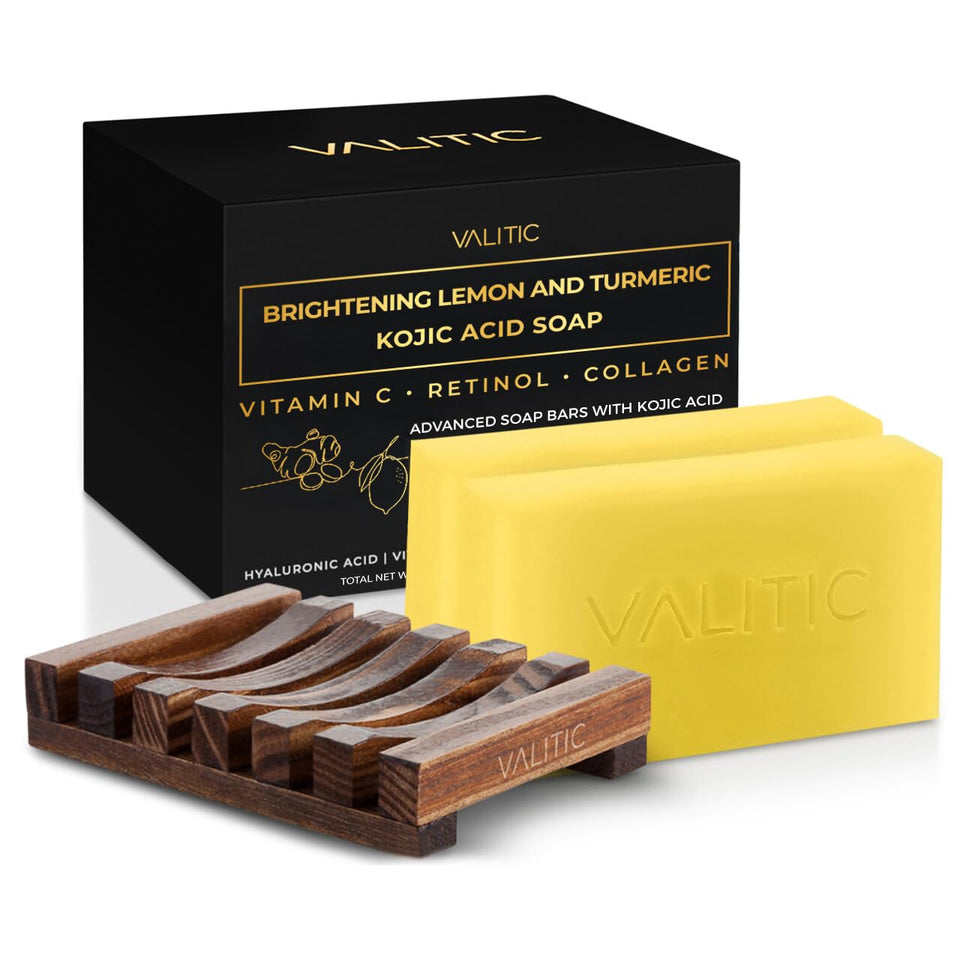 VALITIC front packaging showing two brightening soap bars and holder for clear storage benefit