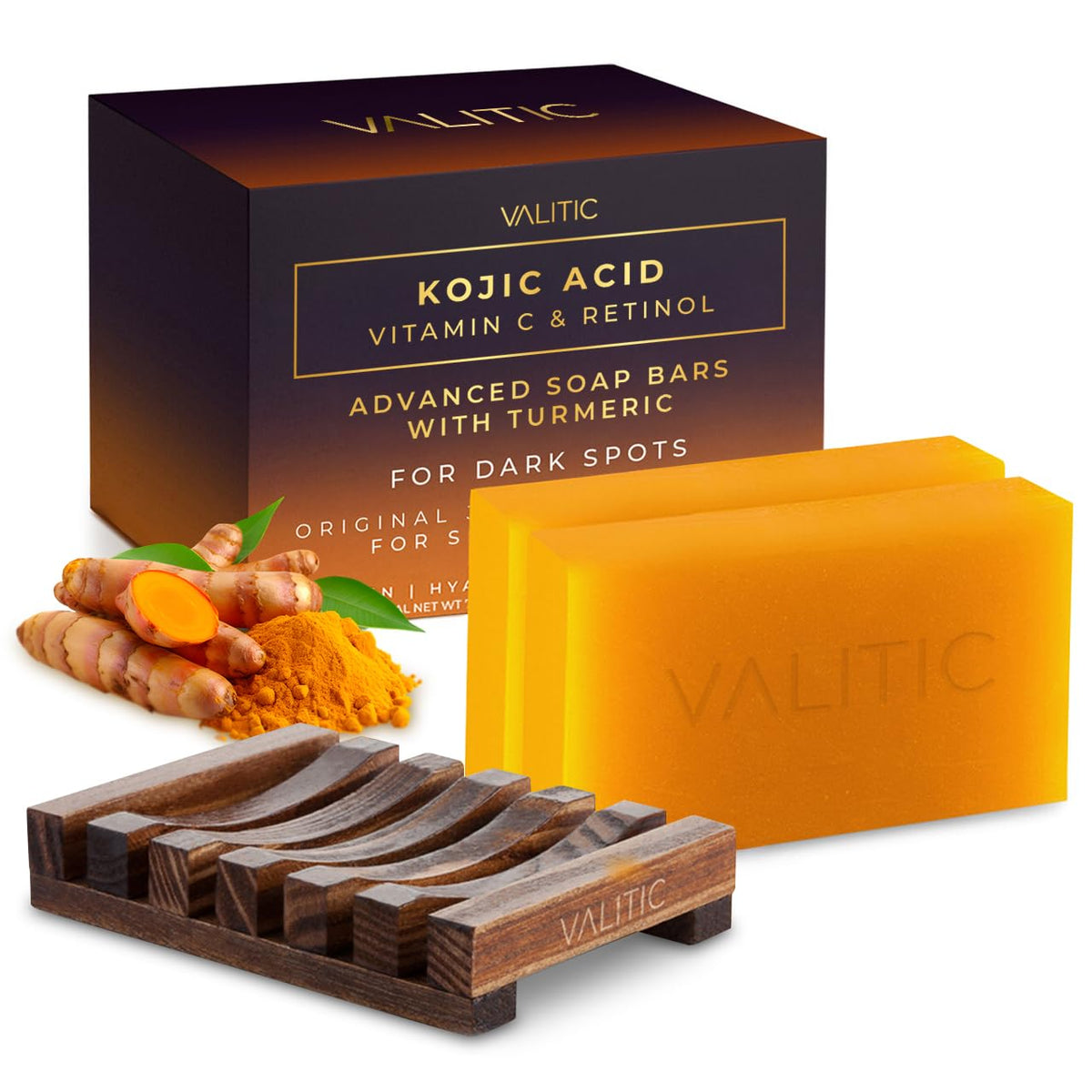 VALITIC front packaging showing two soap bars and included holder, presenting product readiness