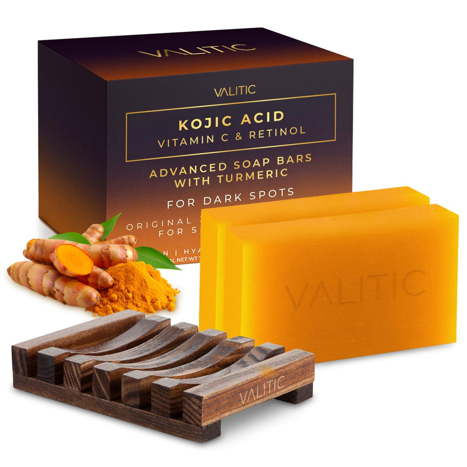 VALITIC front packaging showing two soap bars and included holder, presenting product readiness