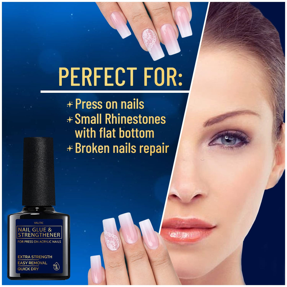VALITIC glue texture on nail tip demonstrating smooth thin coverage
