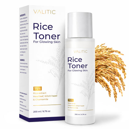 VALITIC rice toner front bottle showing clean branding and hydrating formula benefit