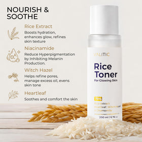 VALITIC rice toner ingredient label highlighting rice extract and active blend for radiance