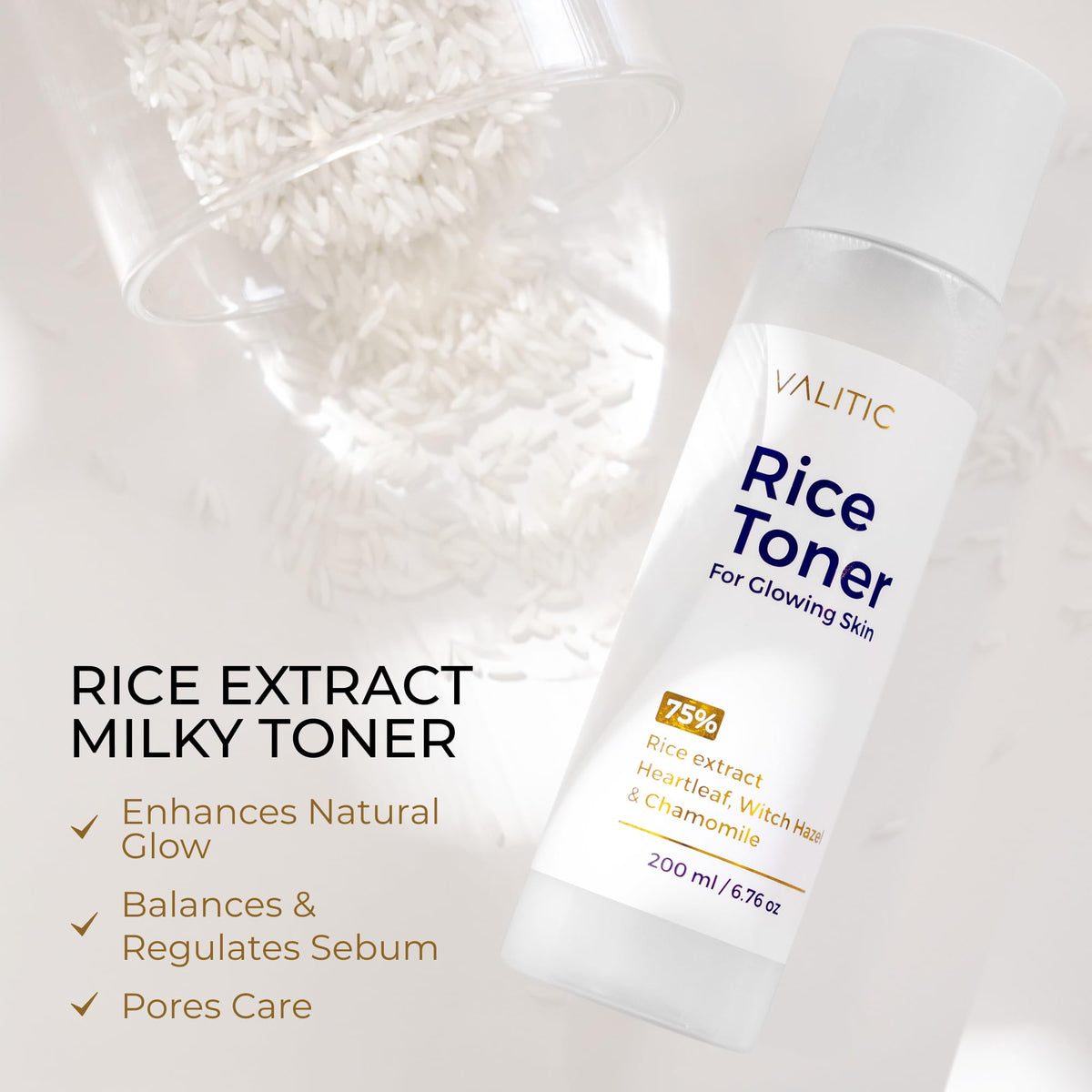 VALITIC rice toner milky texture close-up illustrating smooth hydration and lightweight feel