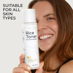 VALITIC rice toner staged on bathroom shelf in routine setting suggesting daily use benefit