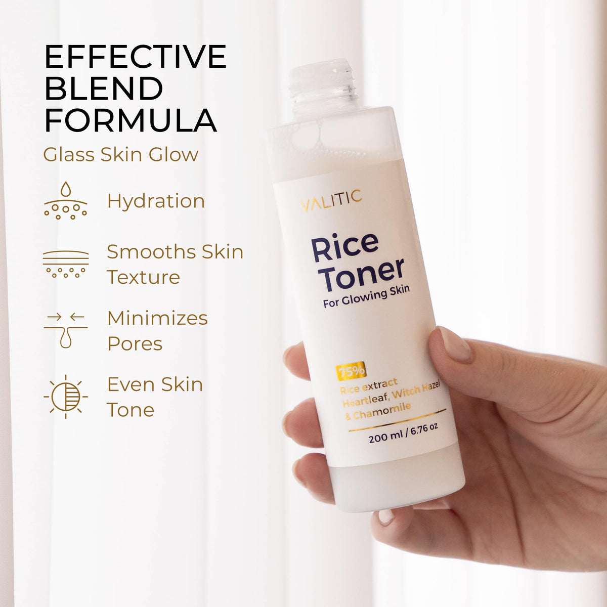 VALITIC rice toner dispensed in hand demonstrating easy absorption and prepping skin benefit