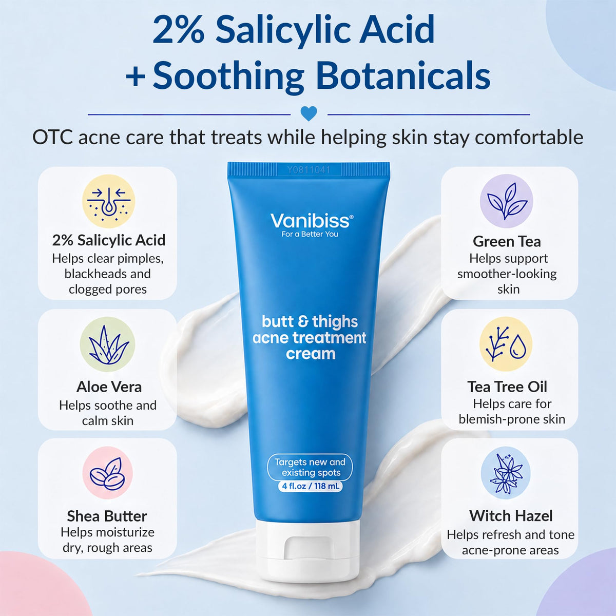Vanibiss label with active ingredients emphasizing 2% salicylic acid benefit