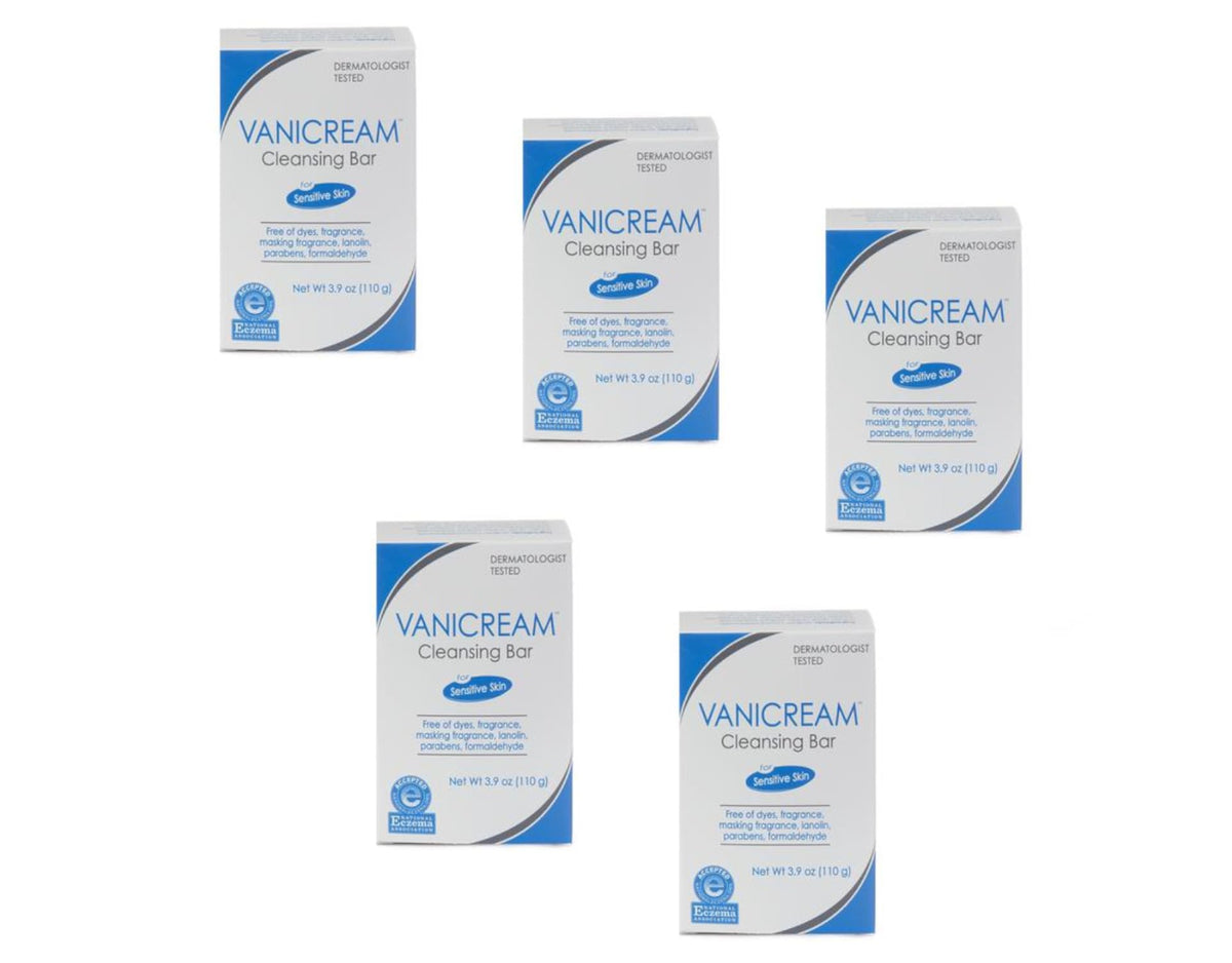 Vanicream front packaging showing five 3.9 oz bars, gentle cleansing