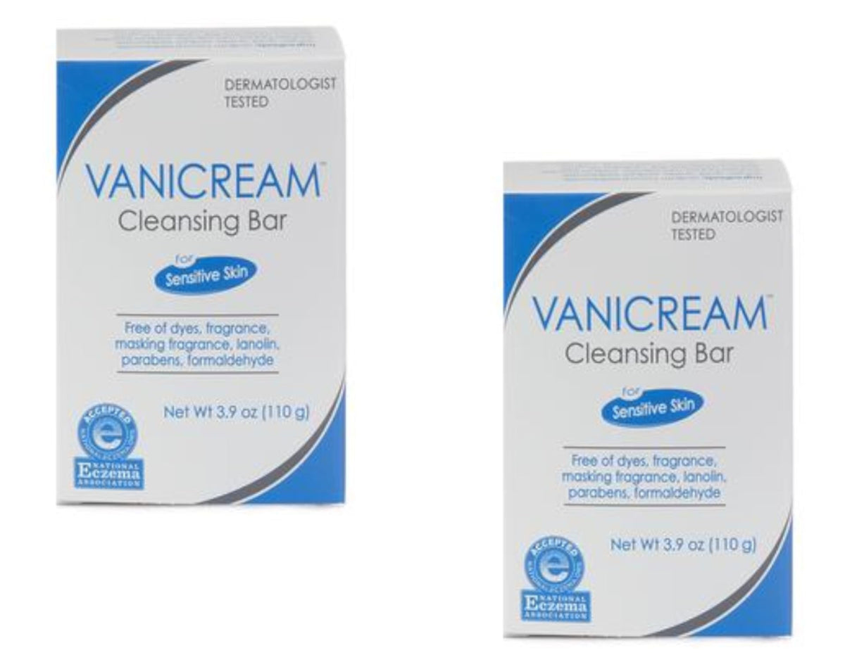 Vanicream cleansing bar front view showing unscented packaging and gentle benefit