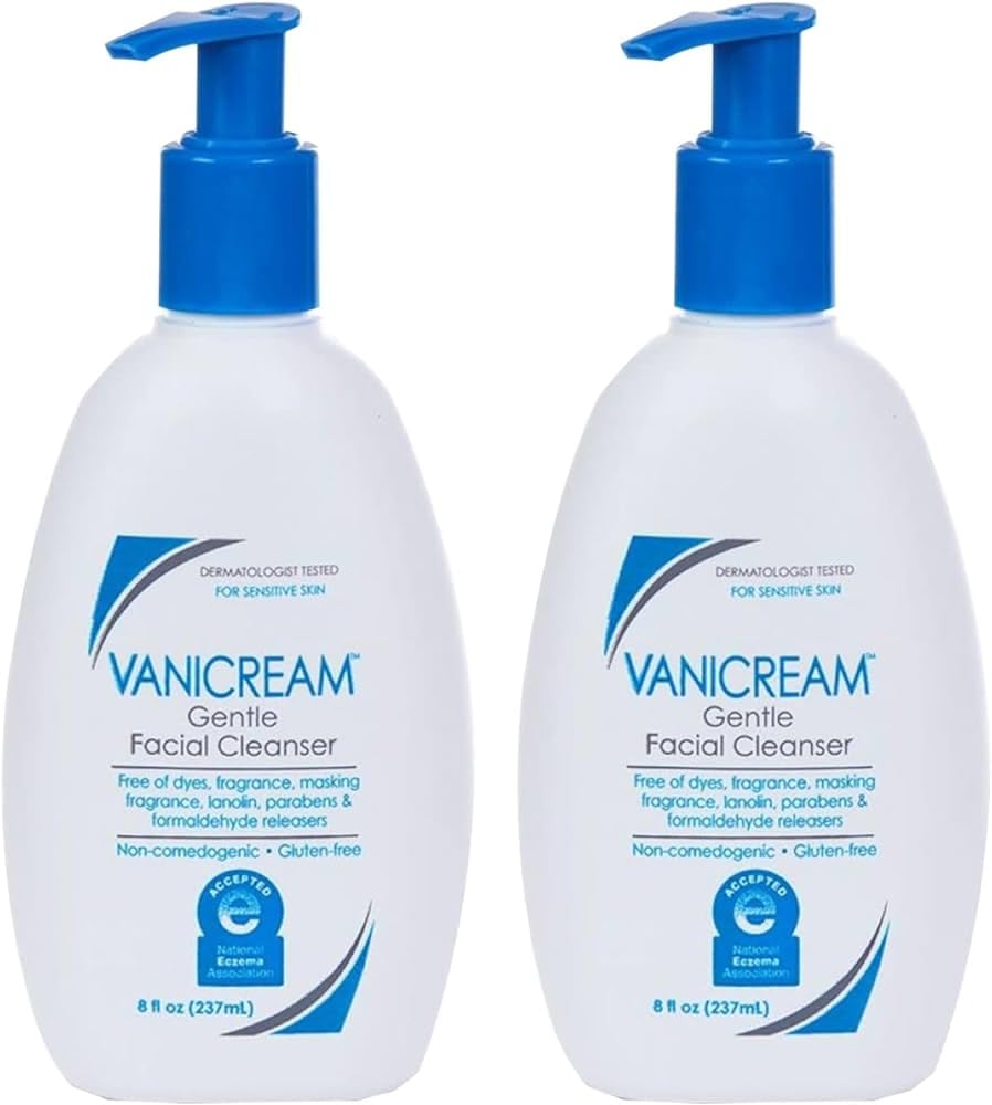 Vanicream front packaging showing two bottles, clear product identity and gentle wash benefit