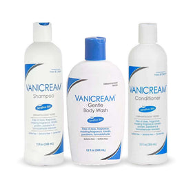 Vanicream front packaging set showing three 12 oz bottles, gentle skincare benefit