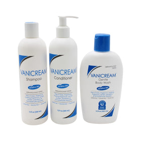 Vanicream trio front packaging showing all three 12 oz bottles for gentle cleansing