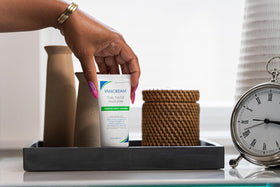 Vanicream tube on bathroom counter in lifestyle setting suggesting everyday routine use