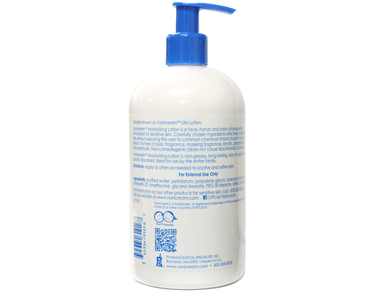 Vanicream pump in use dispensing lotion onto hands for fast, non-greasy hydration
