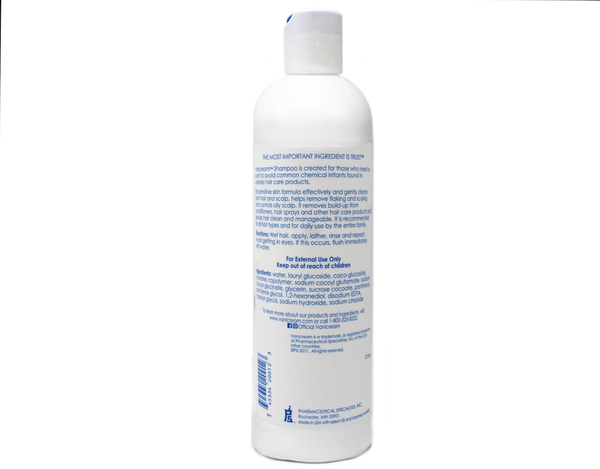 Vanicream shampoo bottle on shower shelf illustrating easy daily use and sensitive scalp care