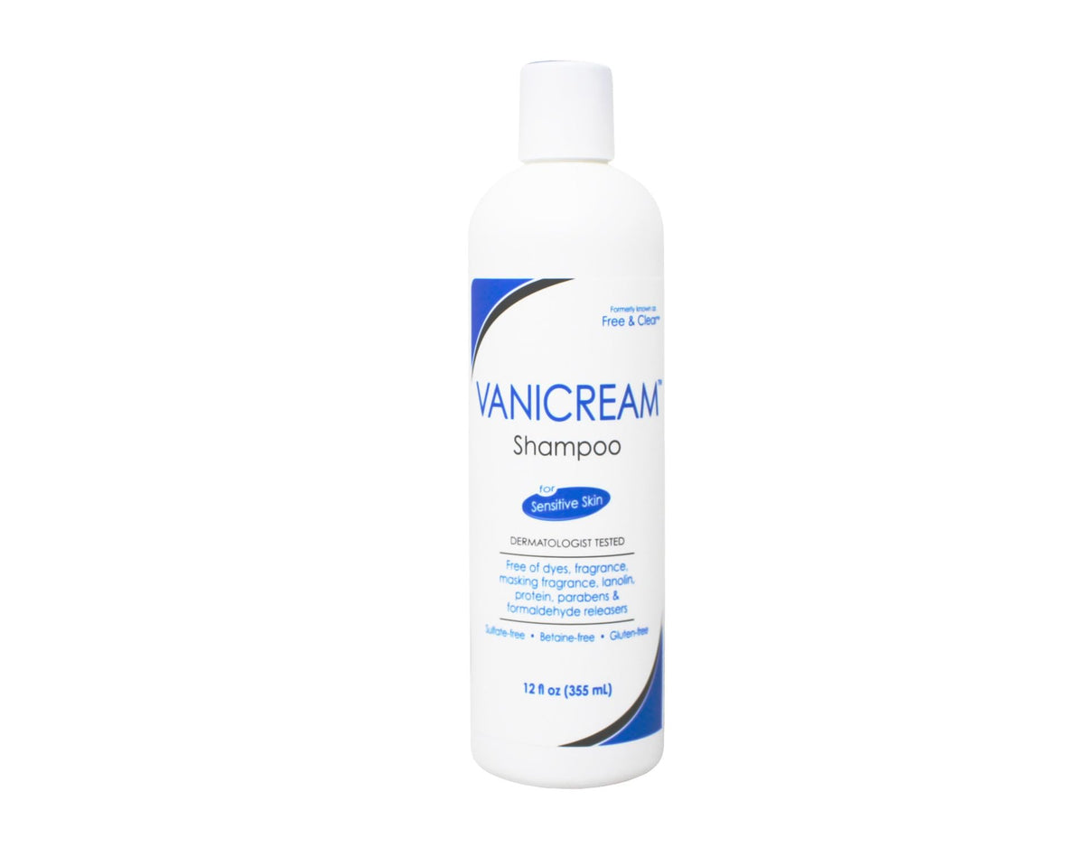 PHARMACEUTICAL SPECIALTIES Vanicream shampoo label closeup highlighting gentle formula