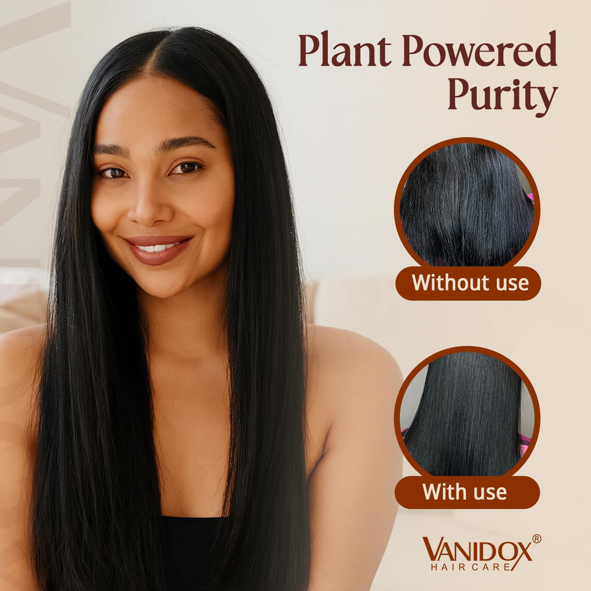 VANIDOX before-and-after styling comparison showing improved manageability