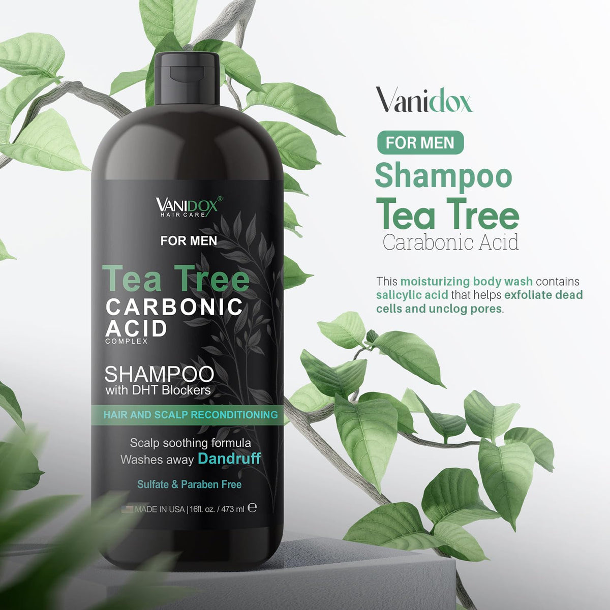 VANIDOX close-up label highlighting organic tea tree oil and ingredient clarity for informed buyers