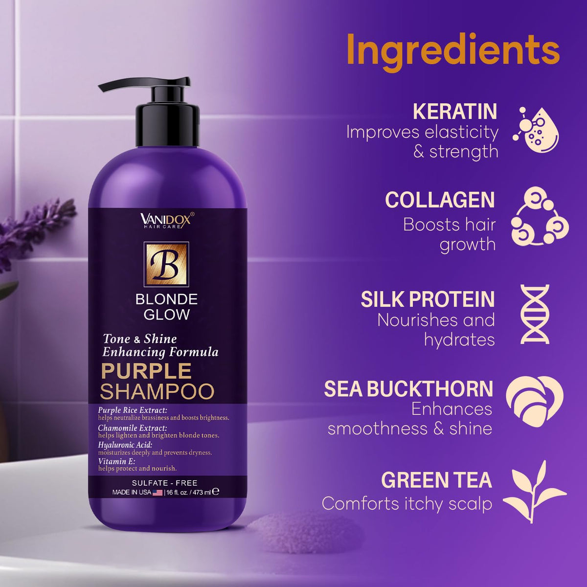 VANIDOX bottle beside chamomile and purple rice visualizing key natural ingredients