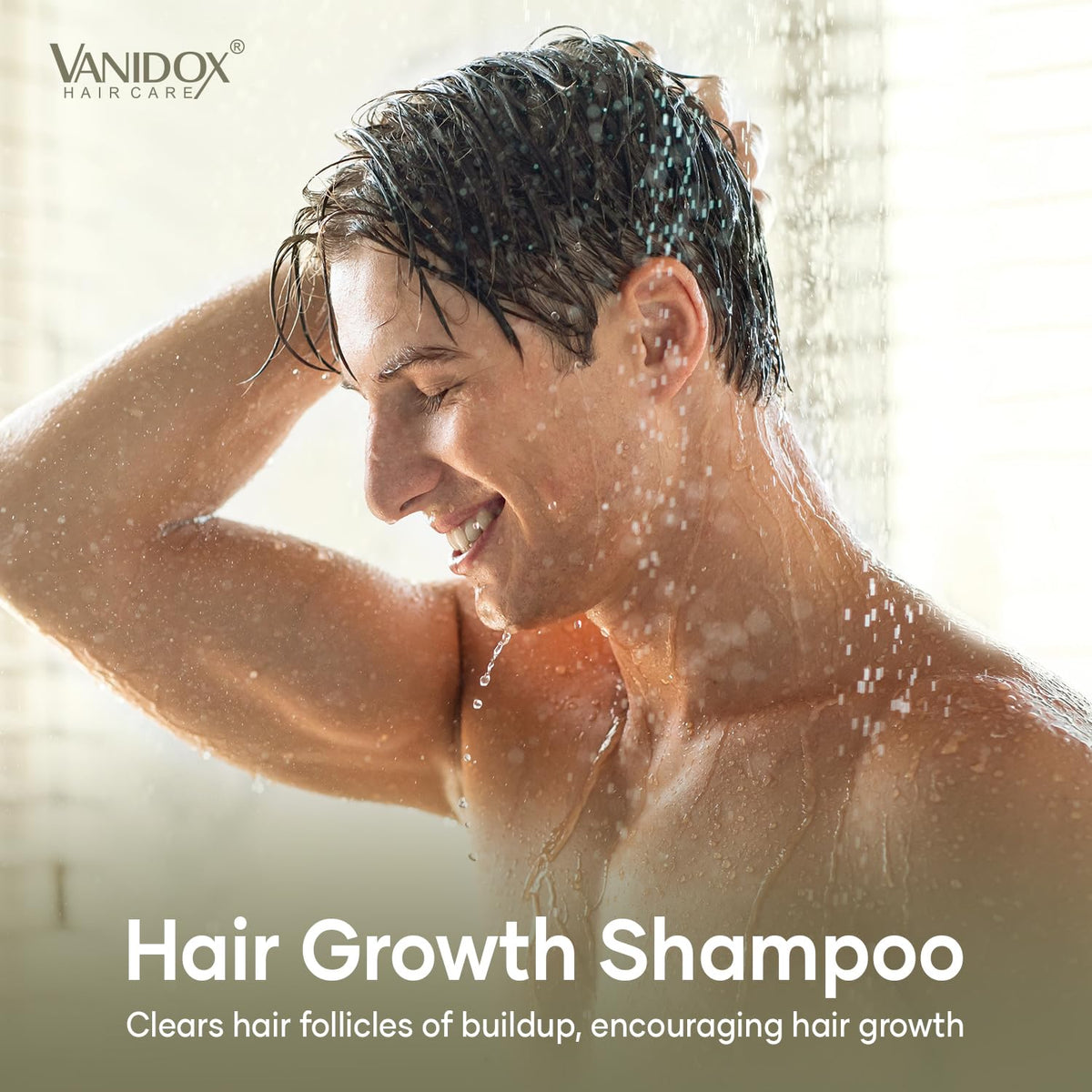 VANIDOX shampoo in shower demonstrating scalp massage use