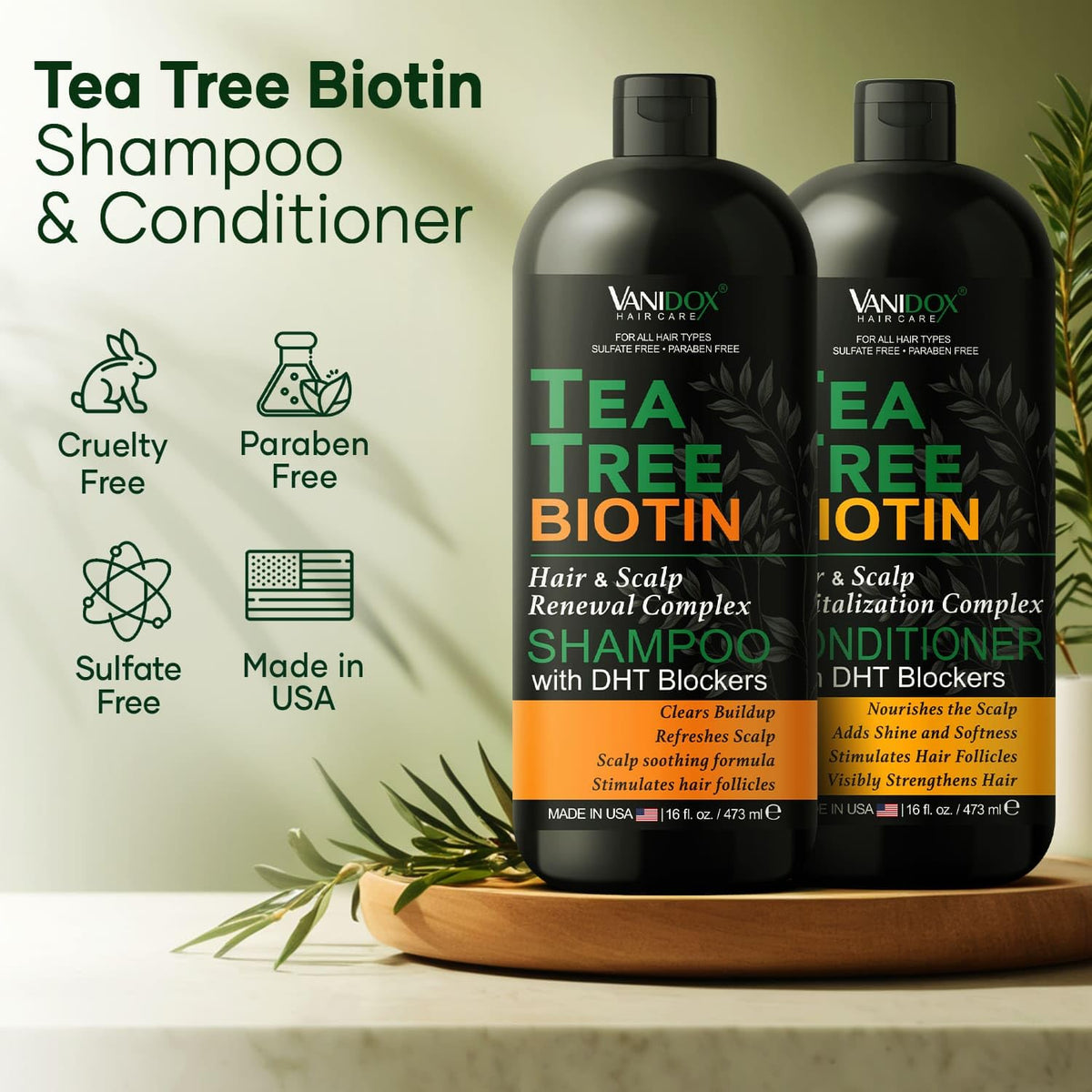 VANIDOX ingredient bottles with tea tree and biotin highlighting clarity