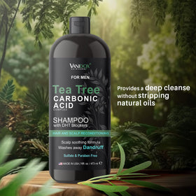 VANIDOX ingredient display with tea tree oil and biotin emphasizing natural strength benefits