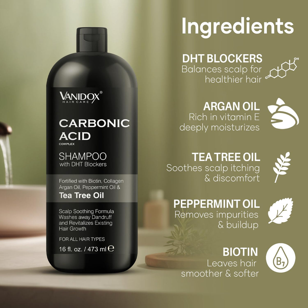 VANIDOX ingredients label highlighting biotin and tea tree oil