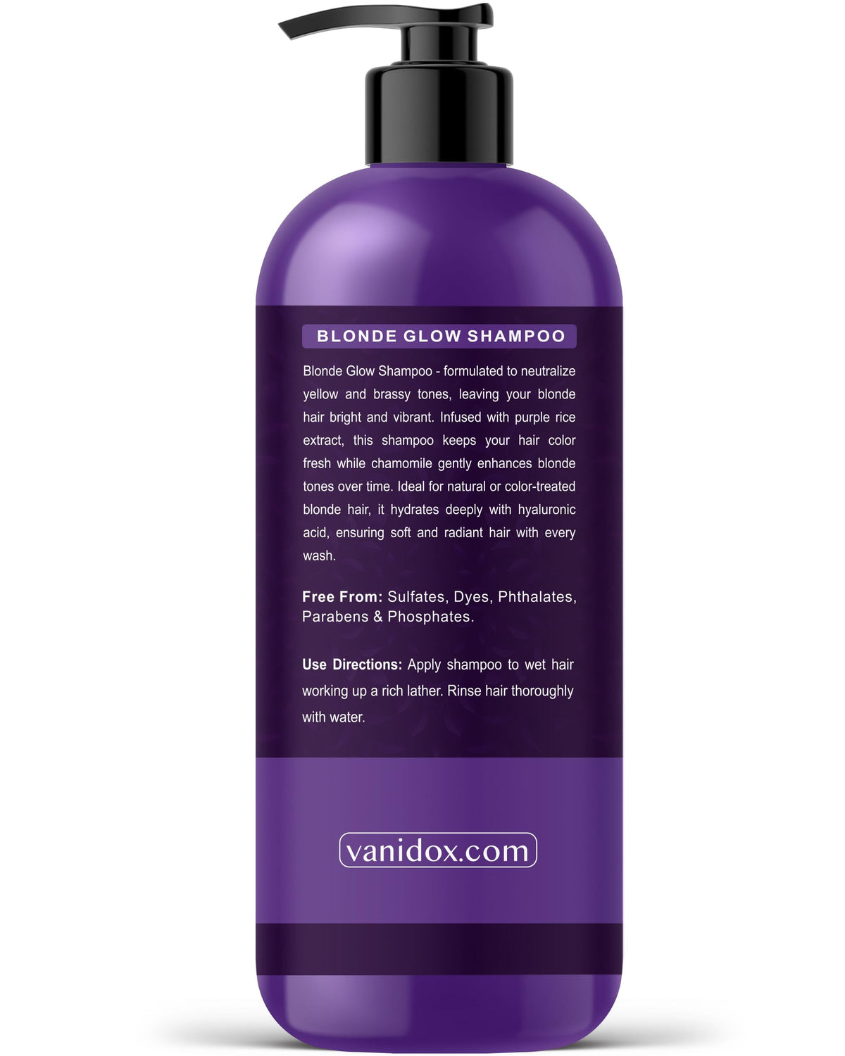 VANIDOX label closeup highlighting sulfate-free, hyaluronic acid and vitamin E benefits