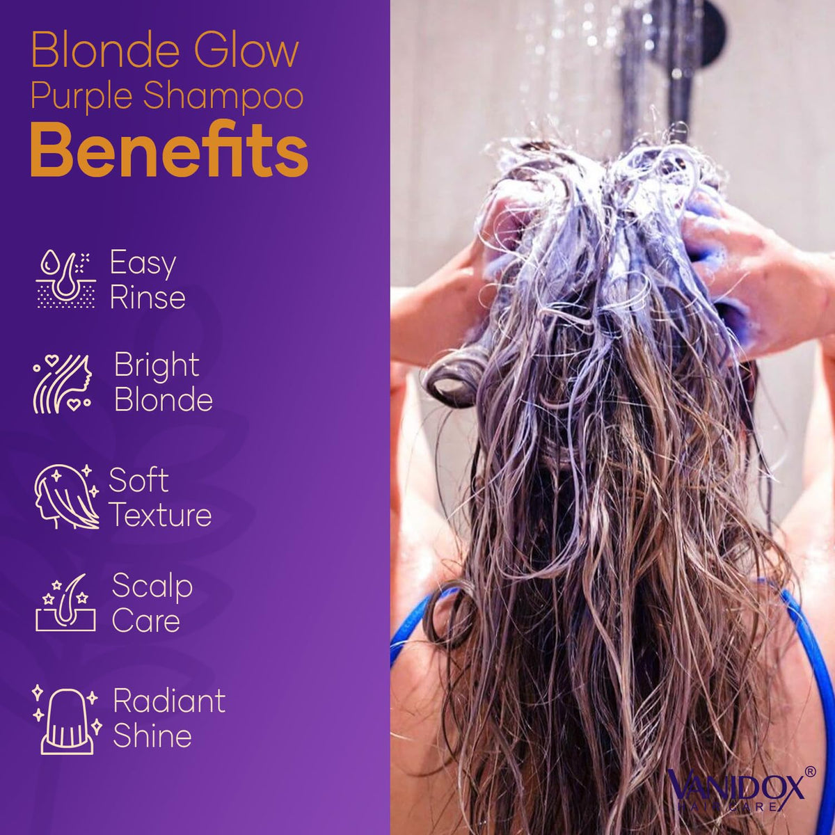 VANIDOX shampoo lather applied to blonde hair in shower to neutralize brassiness