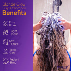 VANIDOX shampoo lather applied to blonde hair in shower to neutralize brassiness